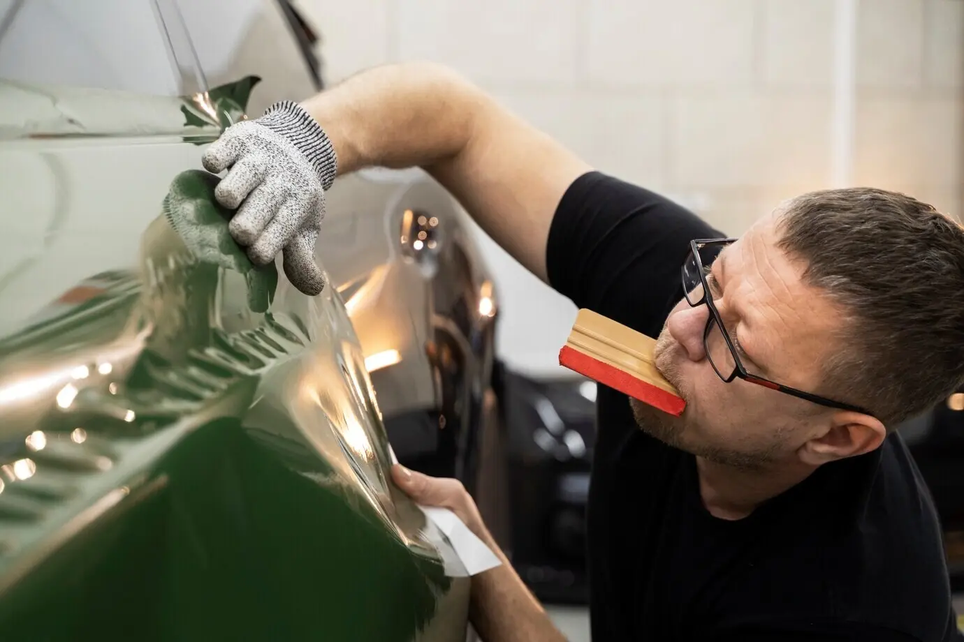 Человек занимается оклейкой автомобиля.